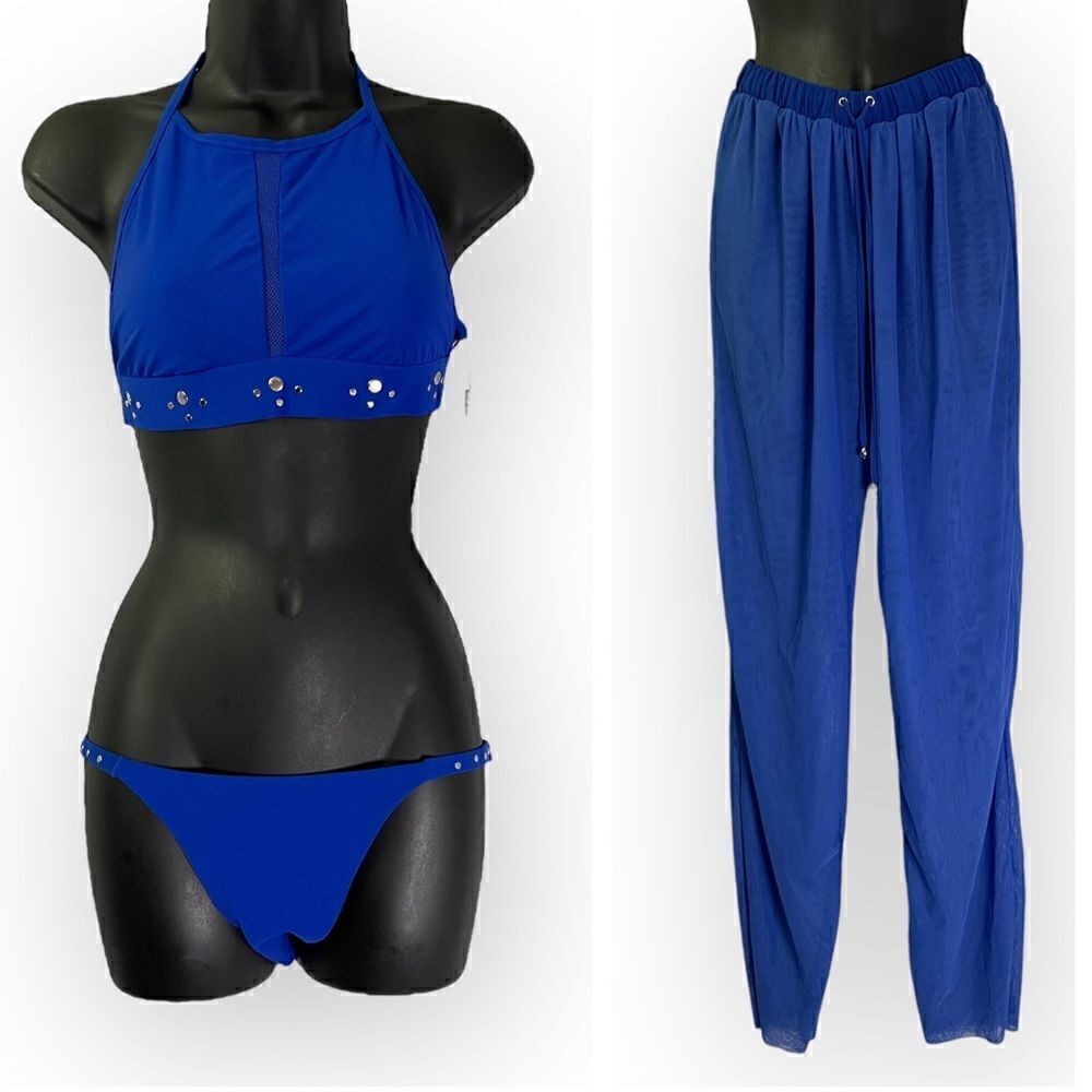 SHAN Three Piece Bikini Swimsuit Set: Top, Bottoms, Coverup Pants in Royal Blue
